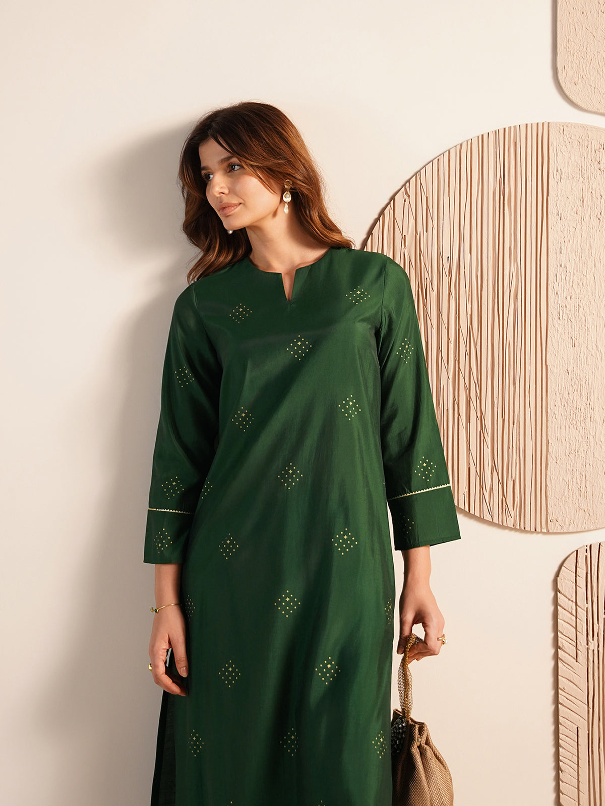 Viscose Silk Geometric Print Kurta Set - Green