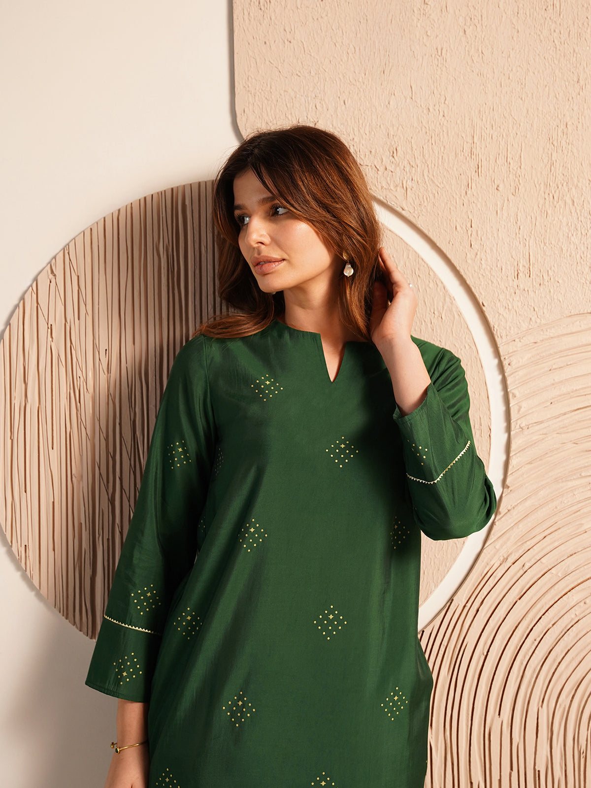 Viscose Silk Geometric Print Kurta Set - Green