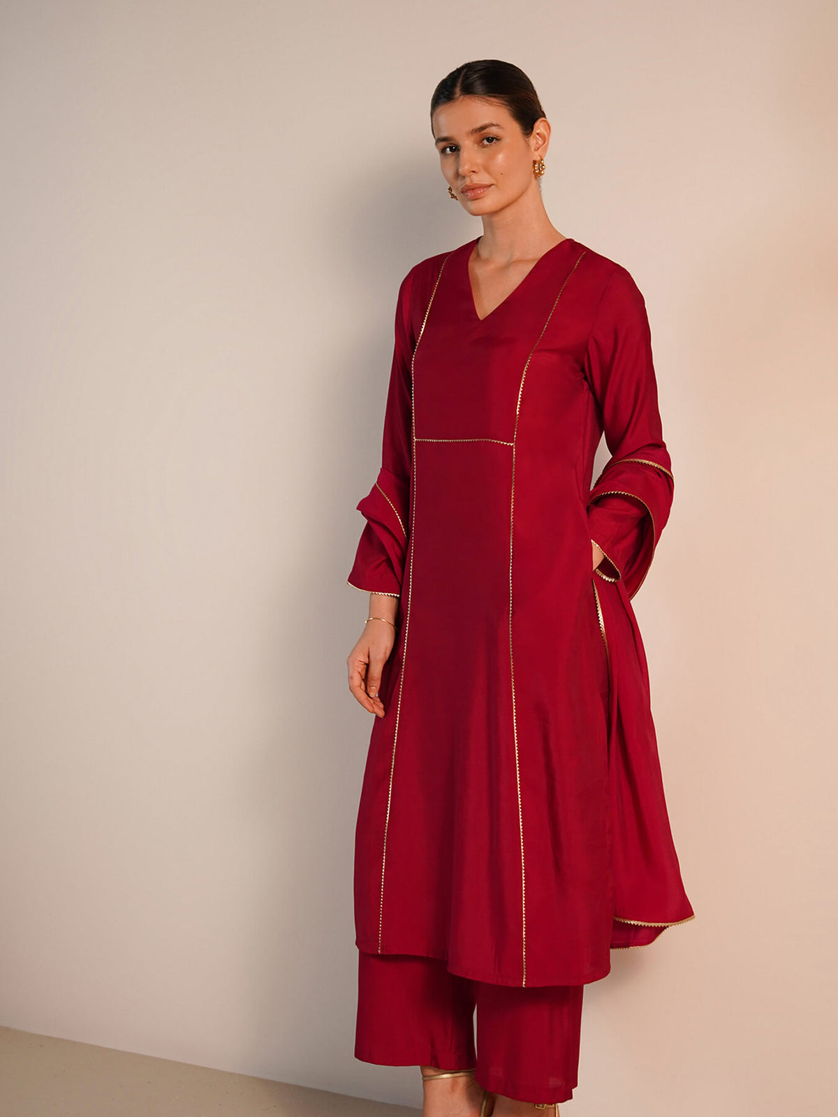 Viscose Silk Straight Kurta Set with Dupatta - Red