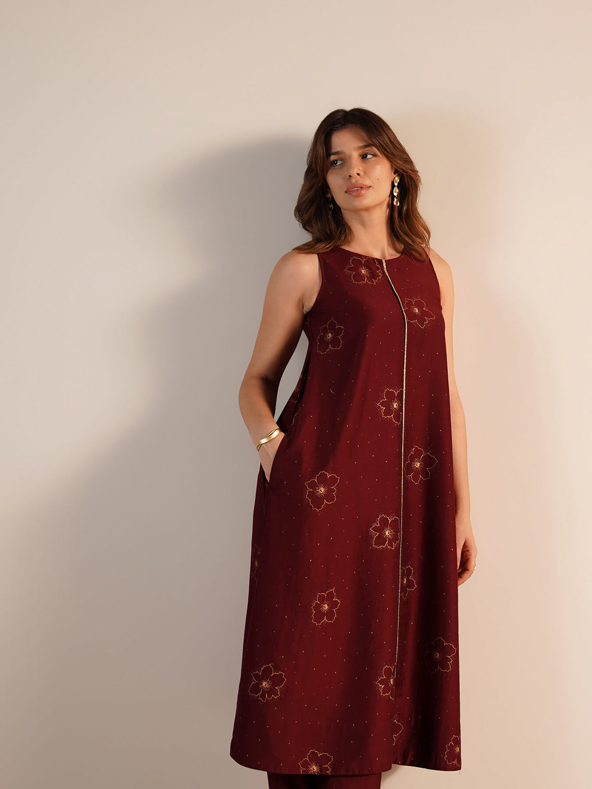 Viscose Silk Floral Kurta Set - Maroon