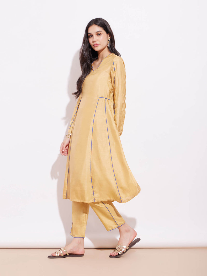 Colourblock A Line Kurta Set - Beige & Blue