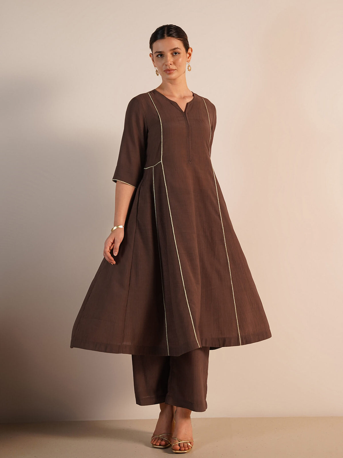 Viscose Silk Solid Kurta Set - Brown