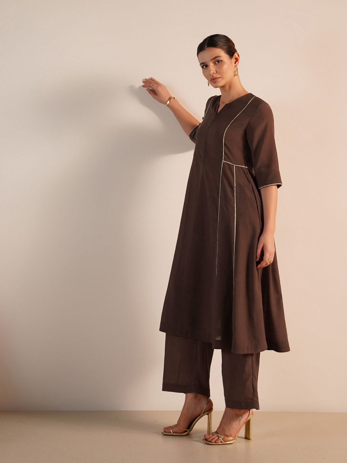 Viscose Silk Solid Kurta Set - Brown