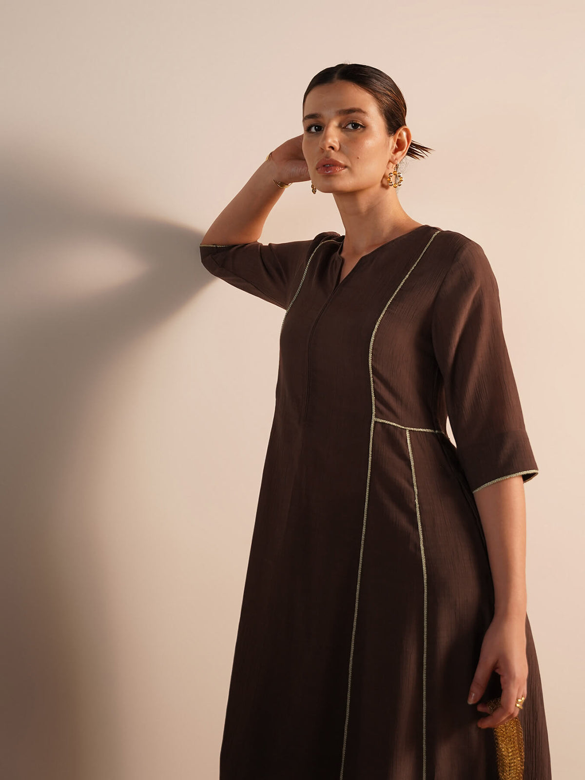 Viscose Silk Solid Kurta Set - Brown