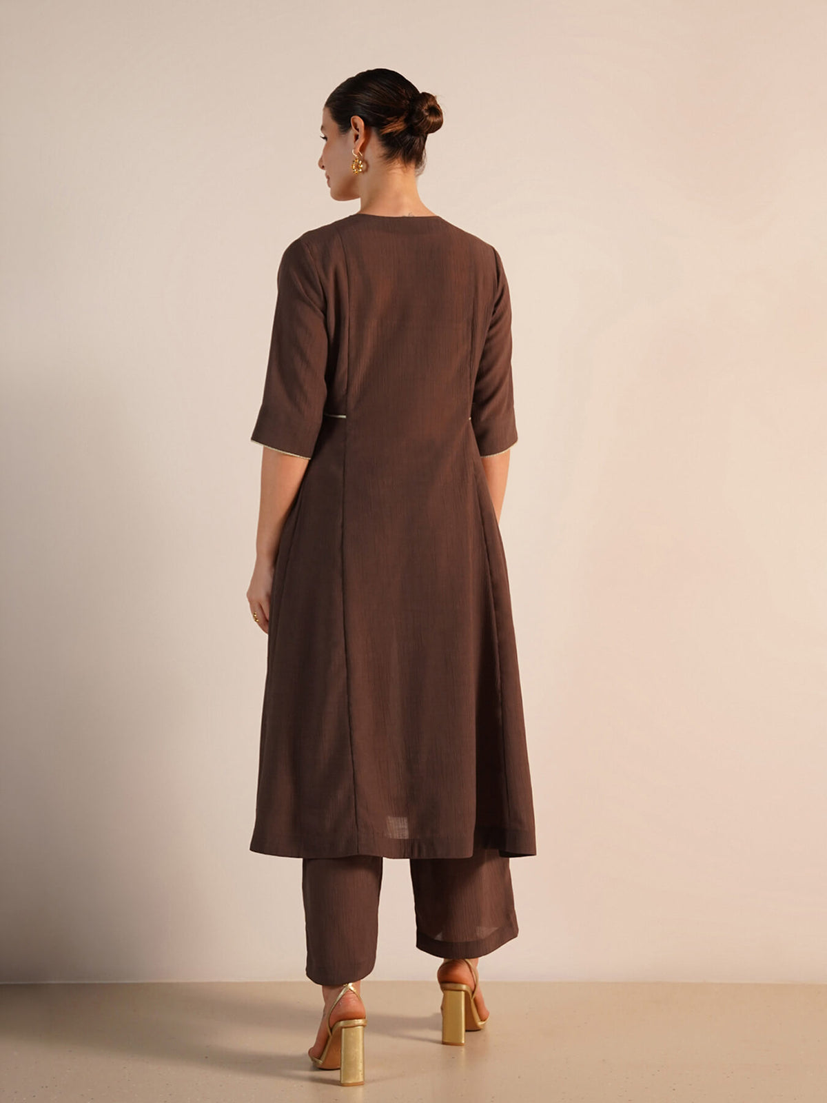 Viscose Silk Solid Kurta Set - Brown