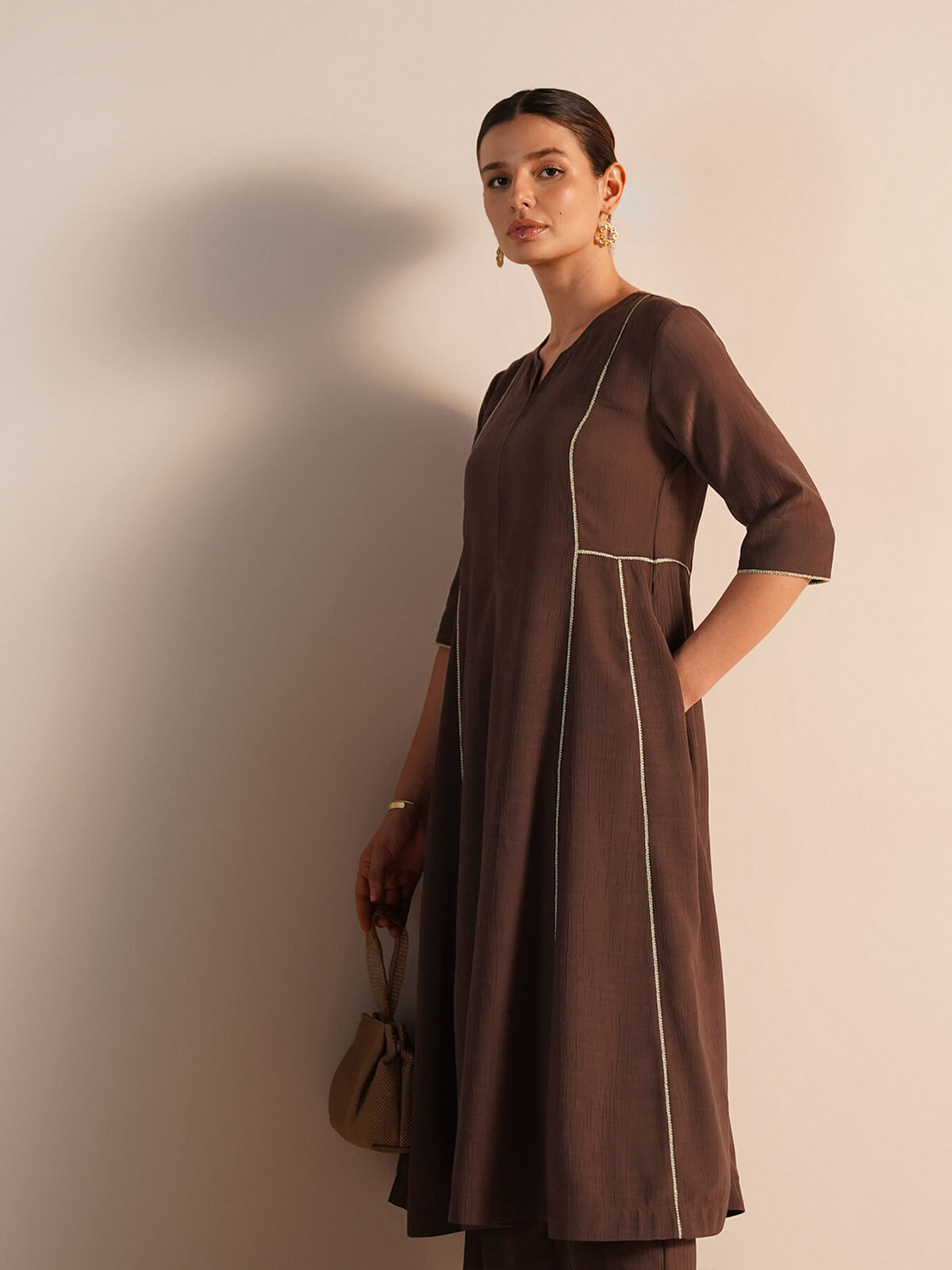Viscose Silk Solid Kurta Set - Brown