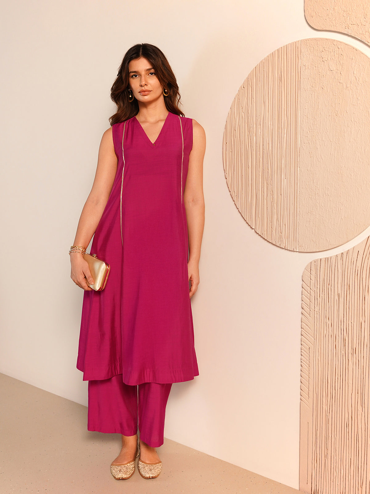Viscose Silk Solid Kurta Set - Pink
