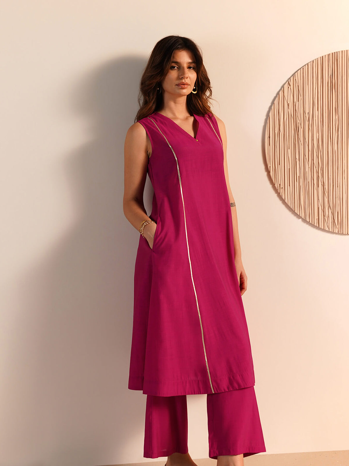 Viscose Silk Solid Kurta Set - Pink