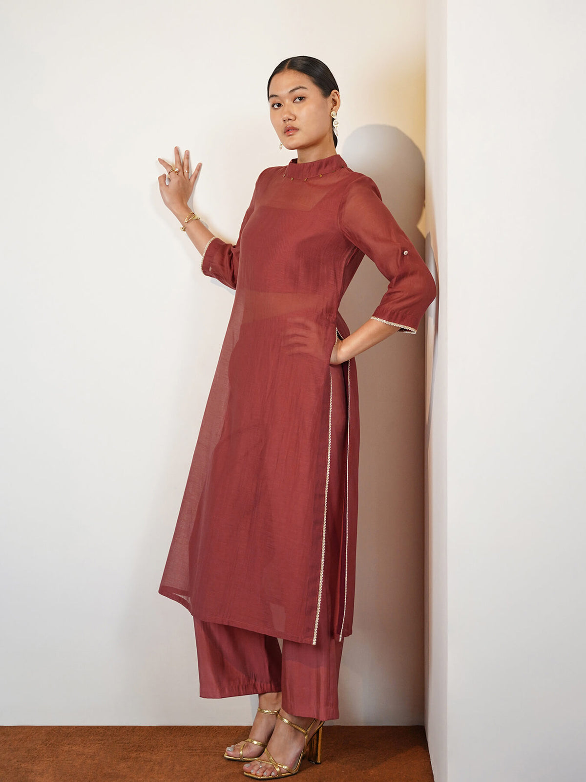 Viscose Silk Solid Kurta Set - Peach