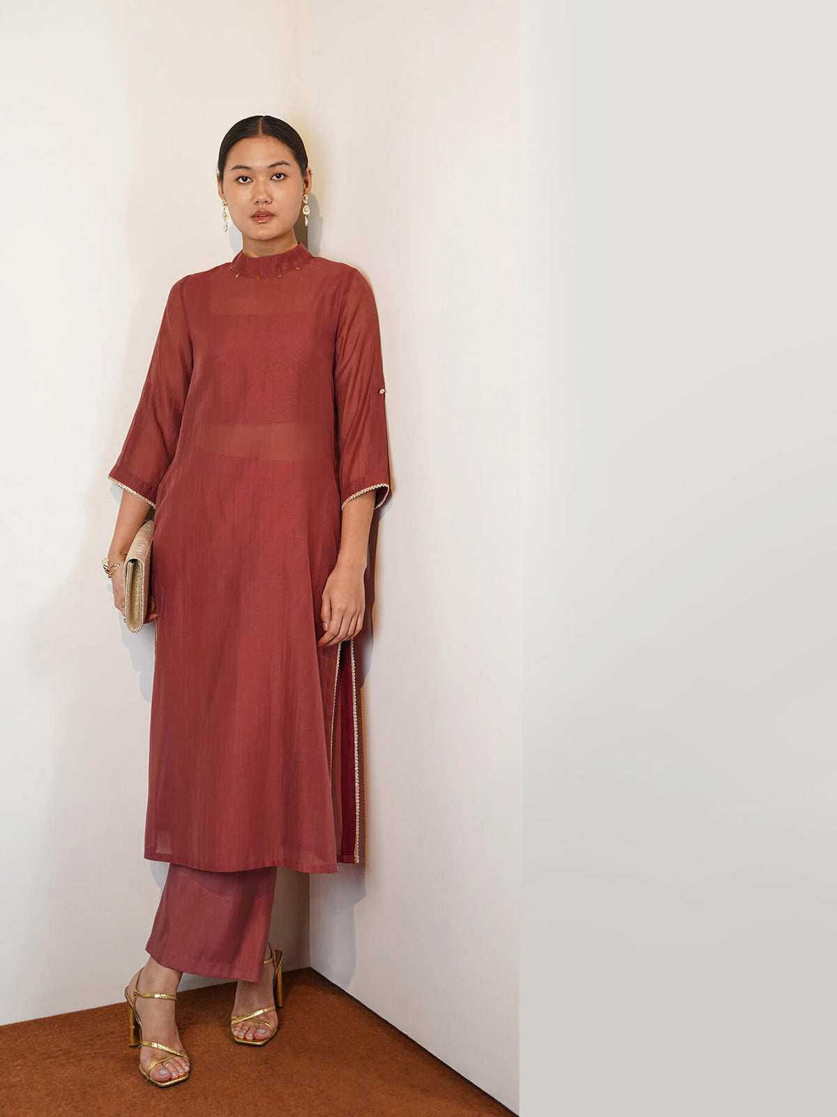 Viscose Silk Solid Kurta Set - Peach