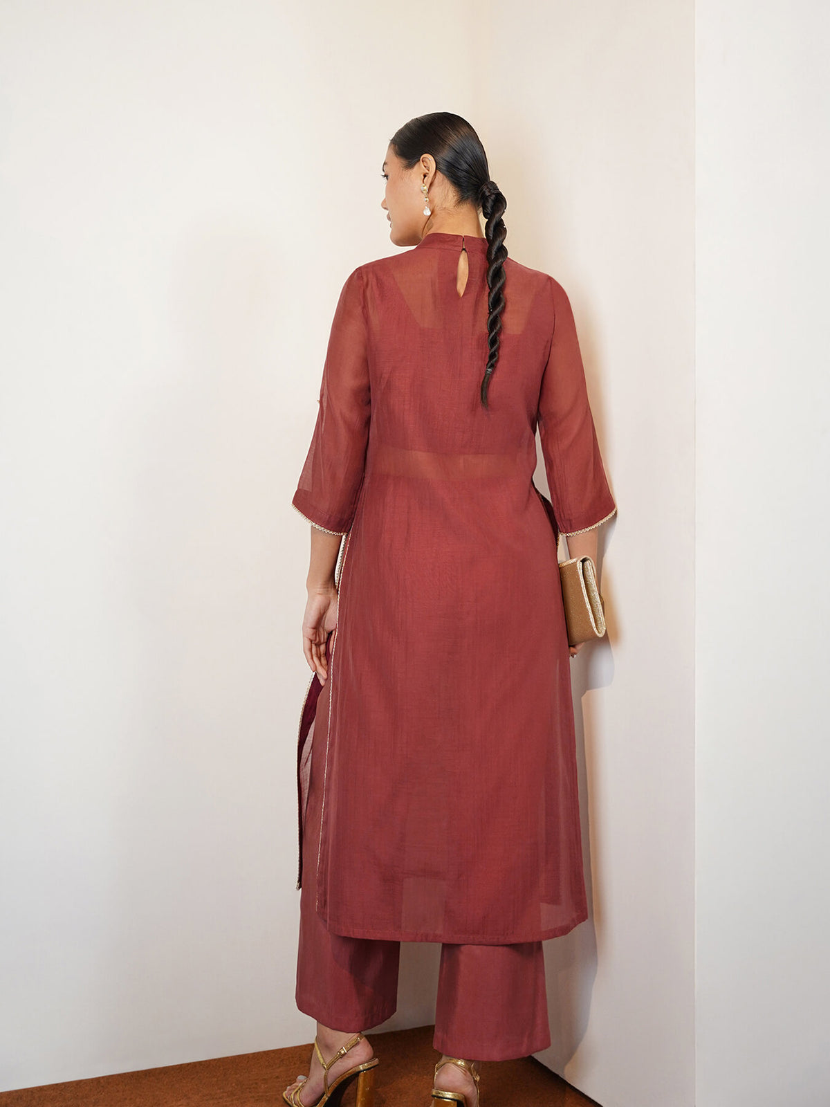 Viscose Silk Solid Kurta Set - Peach
