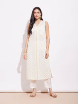 Poly Silk Sleeveless A-Line Kurta Set - Off-White & Gold