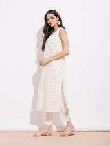 Poly Silk Sleeveless A-Line Kurta Set - Off-White & Gold