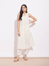 Poly Silk Sleeveless A-Line Kurta Set - Off-White & Gold