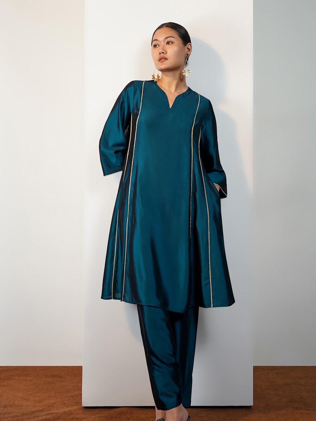 Viscose Silk Solid A-Line Kurta Set with Frashi Salwar- Teal