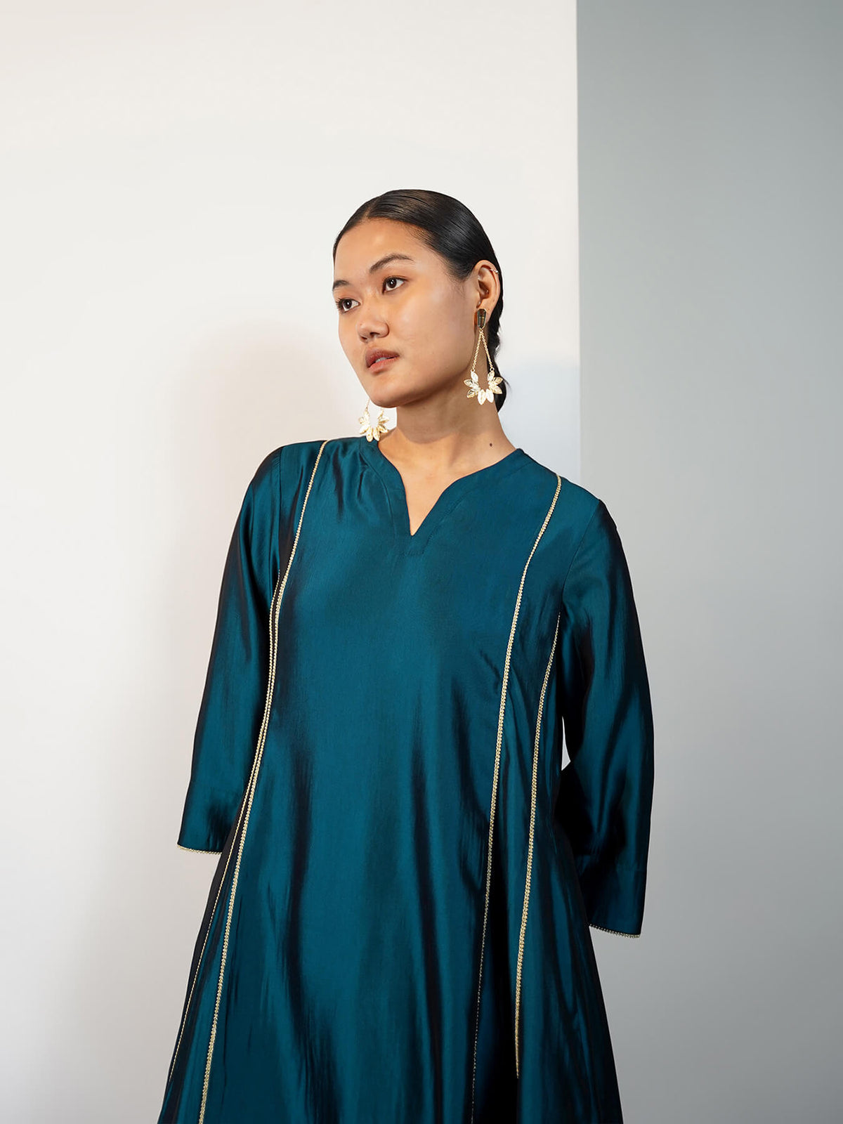 Viscose Silk Solid A-Line Kurta Set with Frashi Salwar- Teal
