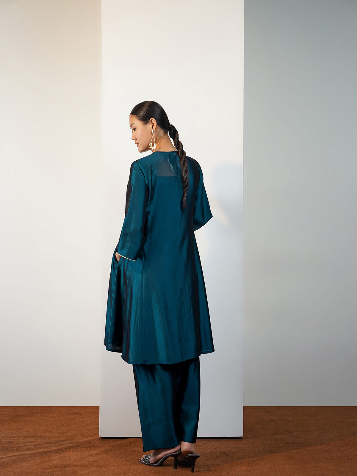 Viscose Silk Solid A-Line Kurta Set with Frashi Salwar- Teal