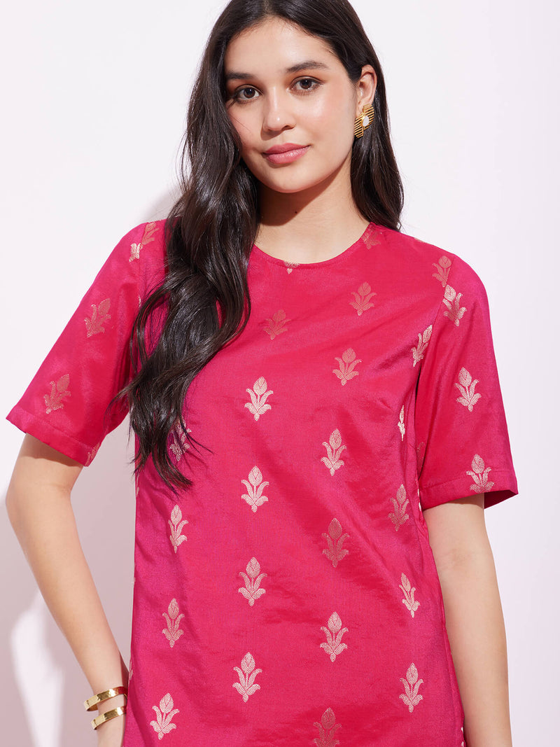 Viscose Silk Ethnic Motif Kurta Set - Pink