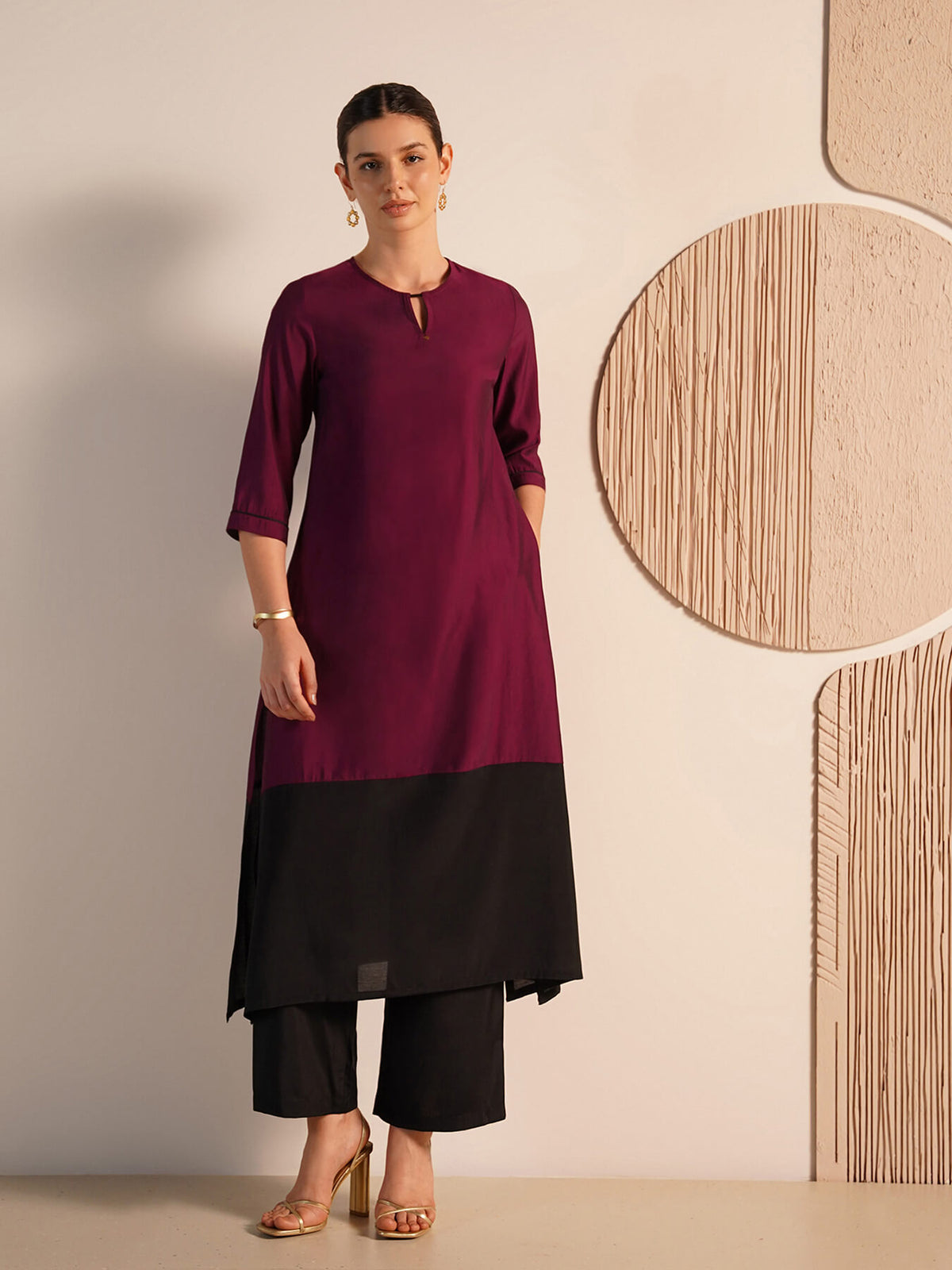 Viscose Silk Colourblock Kurta Set - Burgundy & Black