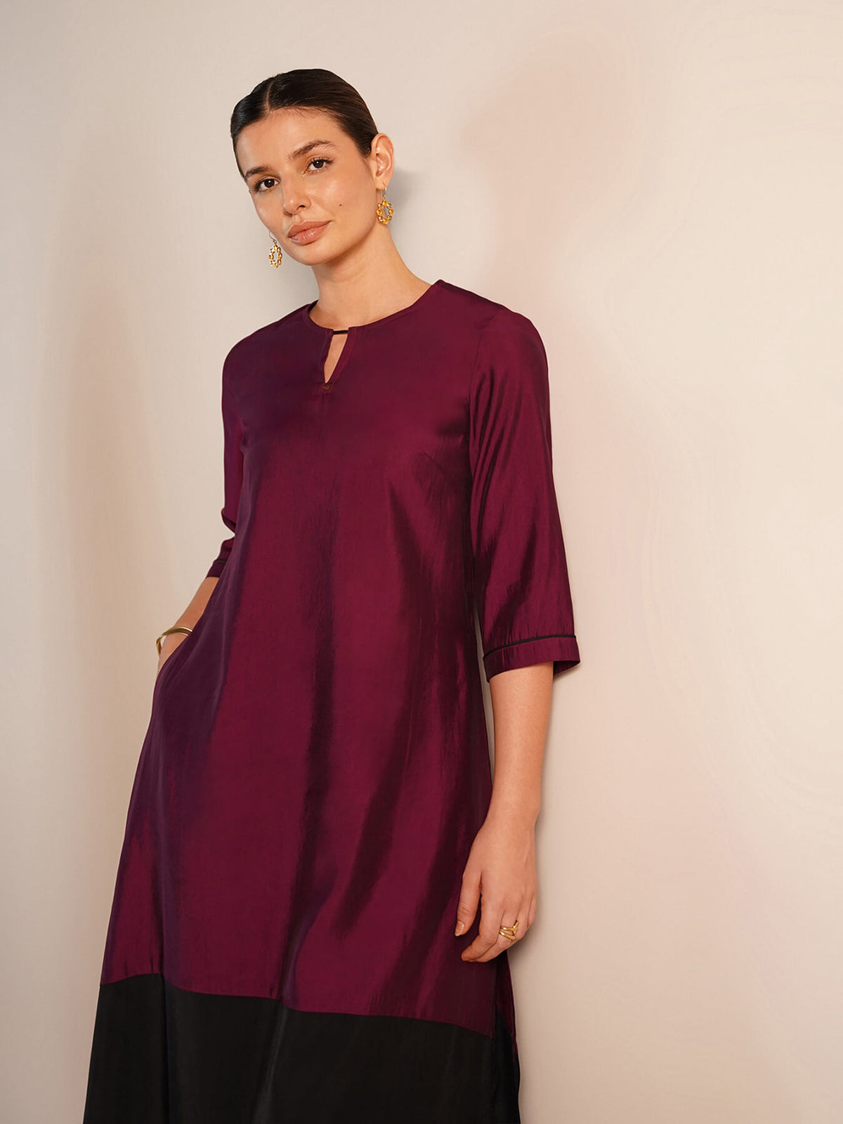 Viscose Silk Colourblock Kurta Set - Burgundy & Black