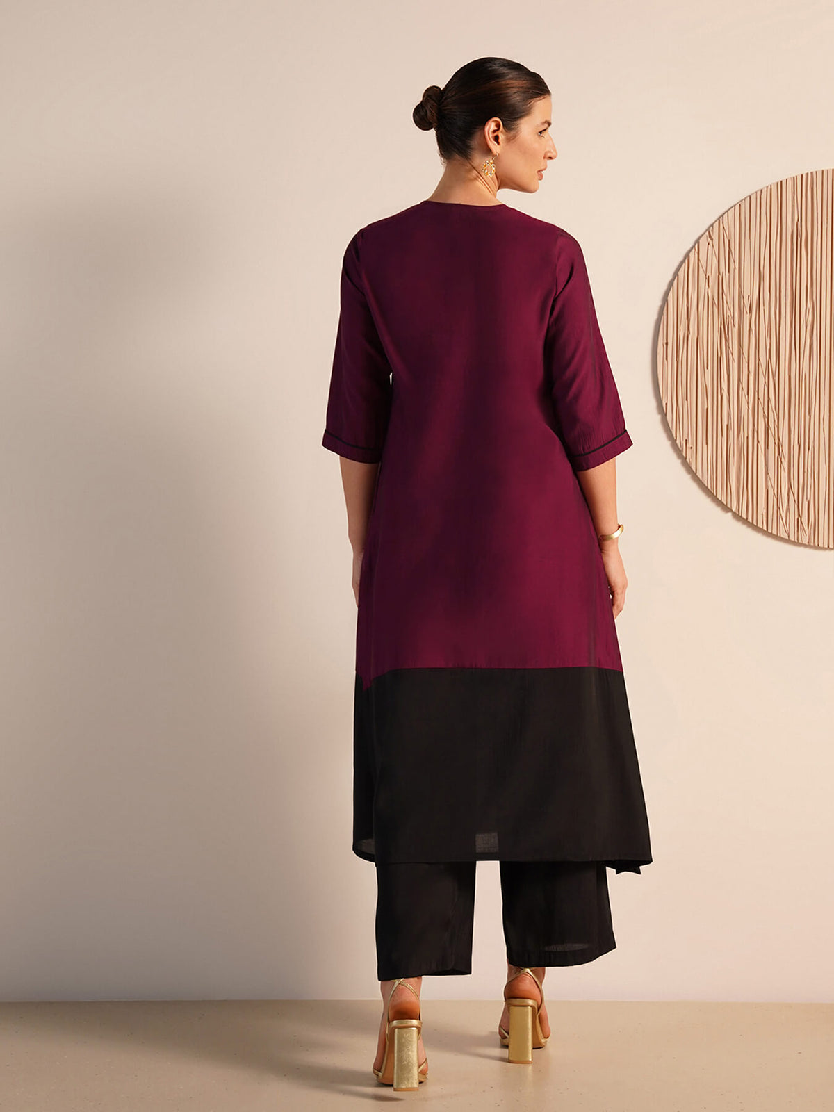Viscose Silk Colourblock Kurta Set - Burgundy & Black