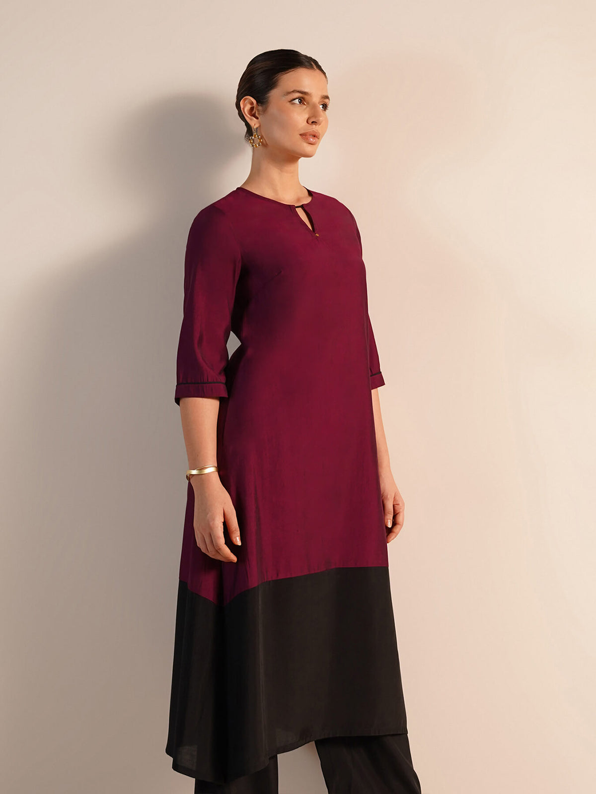 Viscose Silk Colourblock Kurta Set - Burgundy & Black