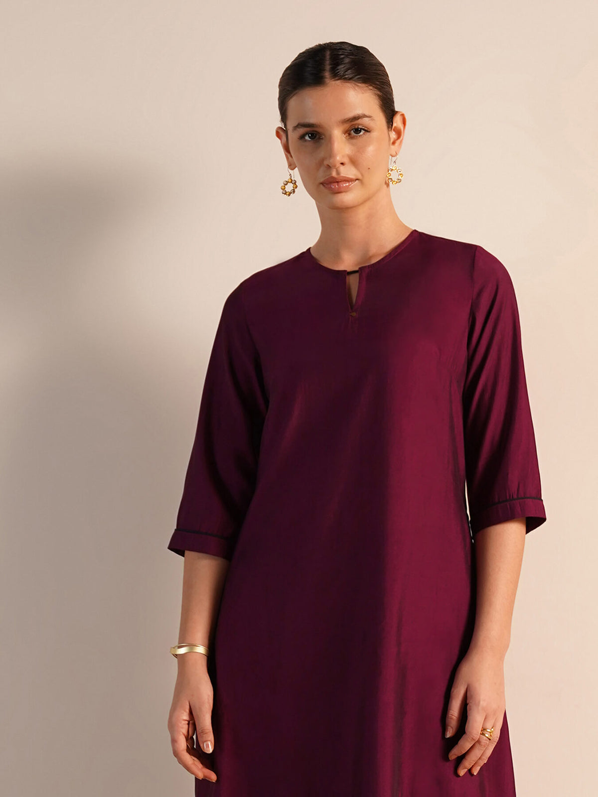 Viscose Silk Colourblock Kurta Set - Burgundy & Black