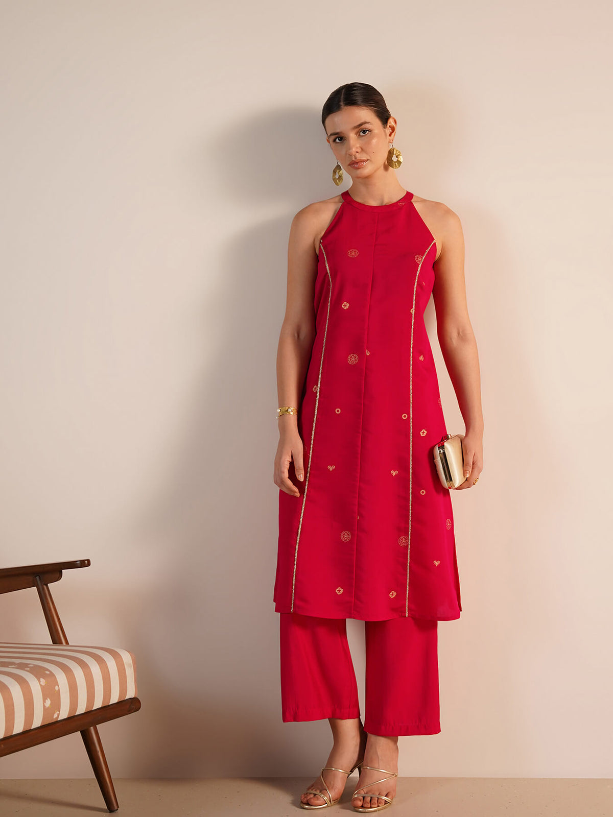 Viscose Silk Floral Round Neck Kurta Set - Pink