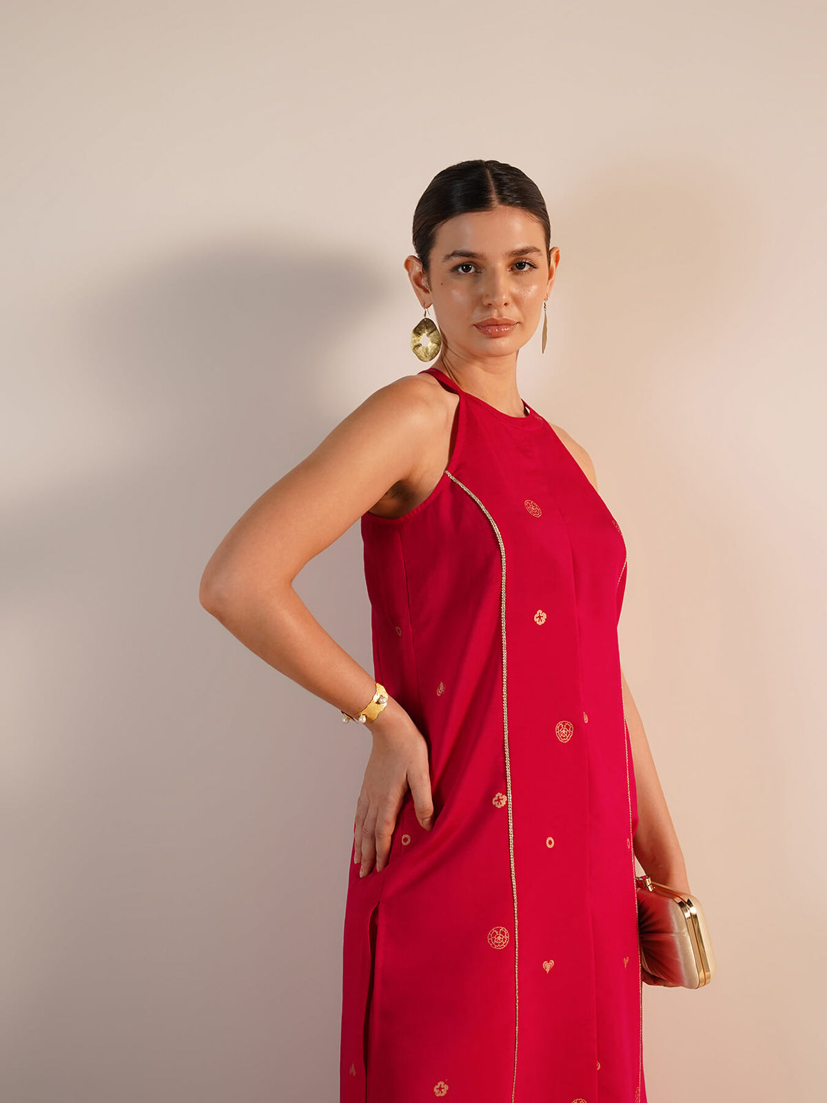 Viscose Silk Floral Round Neck Kurta Set - Pink