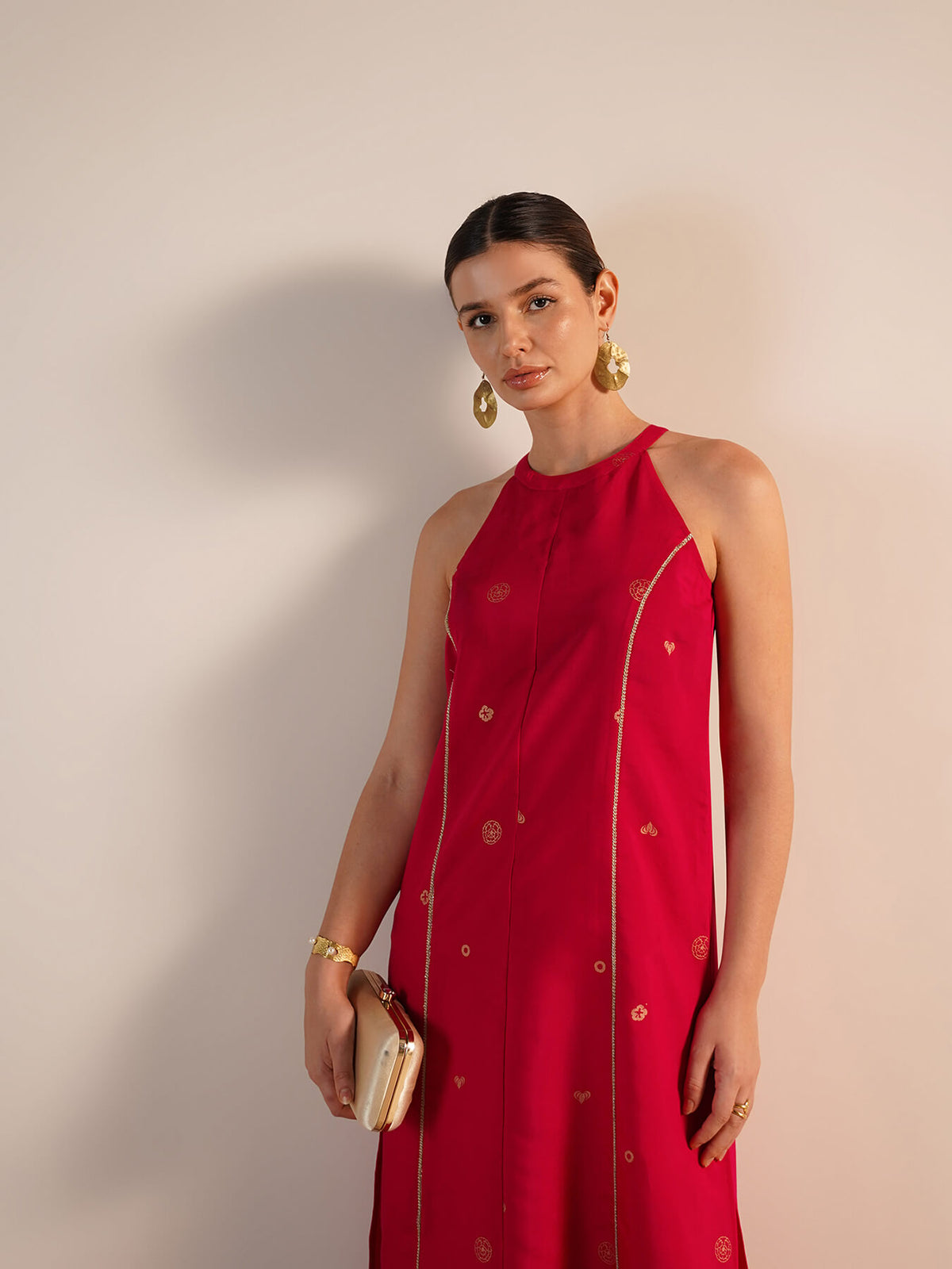 Viscose Silk Floral Round Neck Kurta Set - Pink