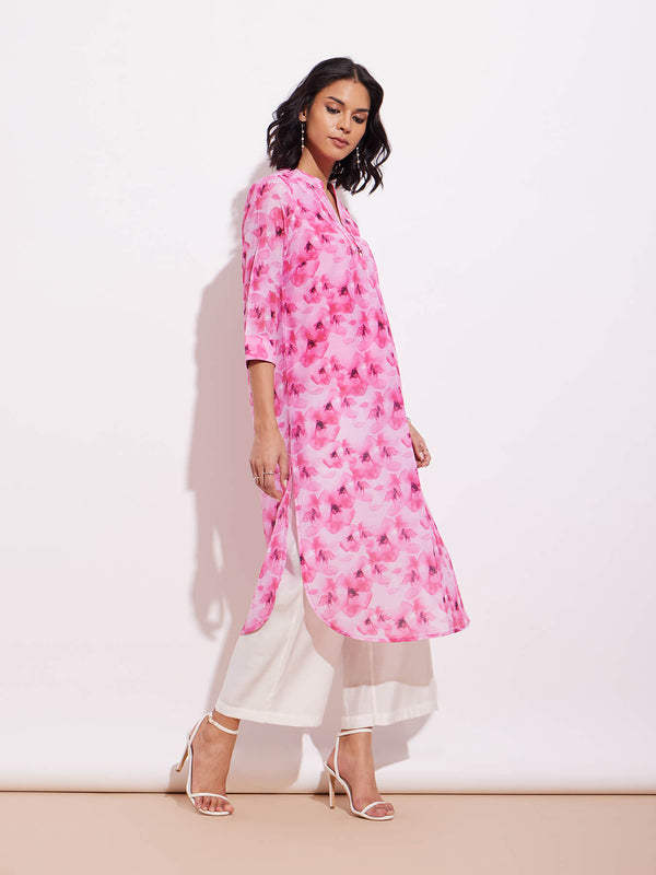 Chanderi Floral Kurta Set - Pink