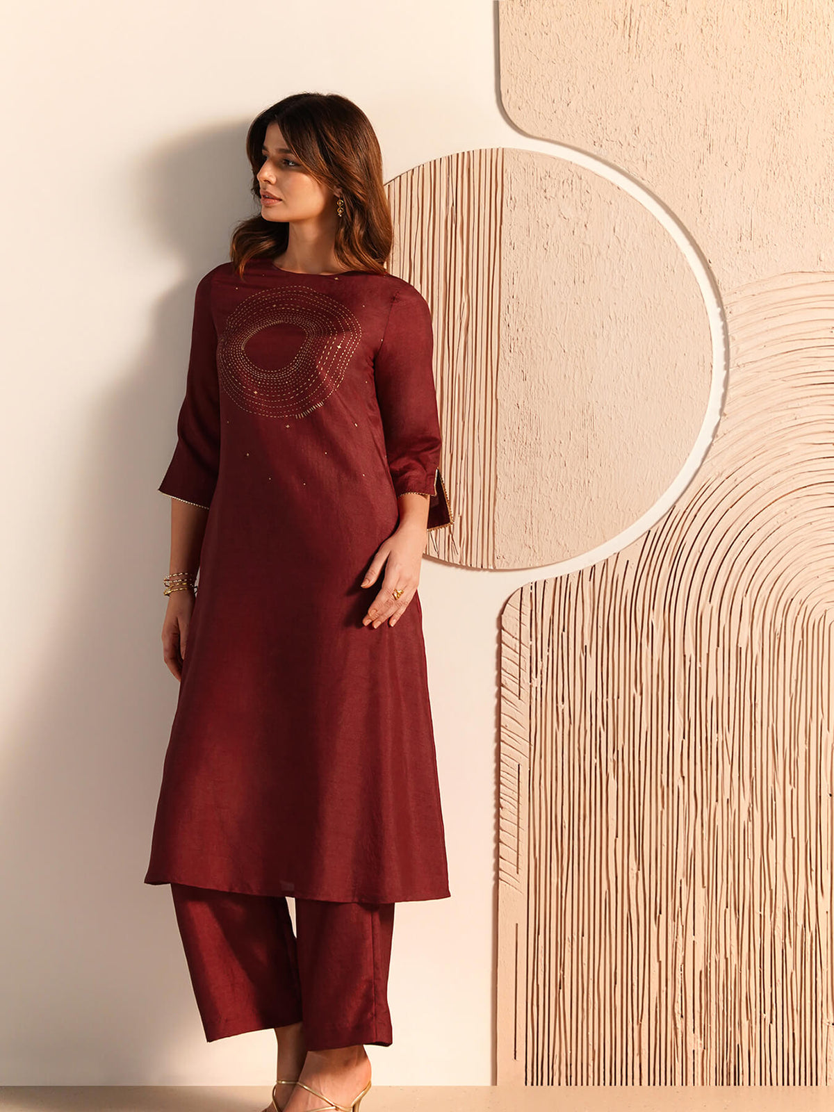 Viscose Silk Placement Geometric Print Kurta Set - Maroon