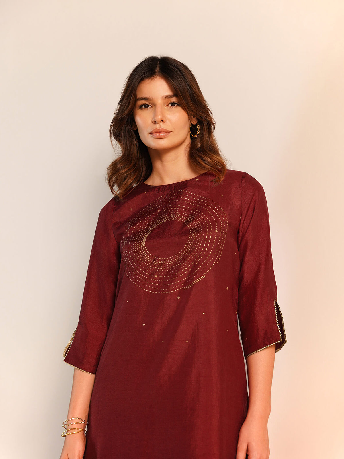 Viscose Silk Placement Geometric Print Kurta Set - Maroon