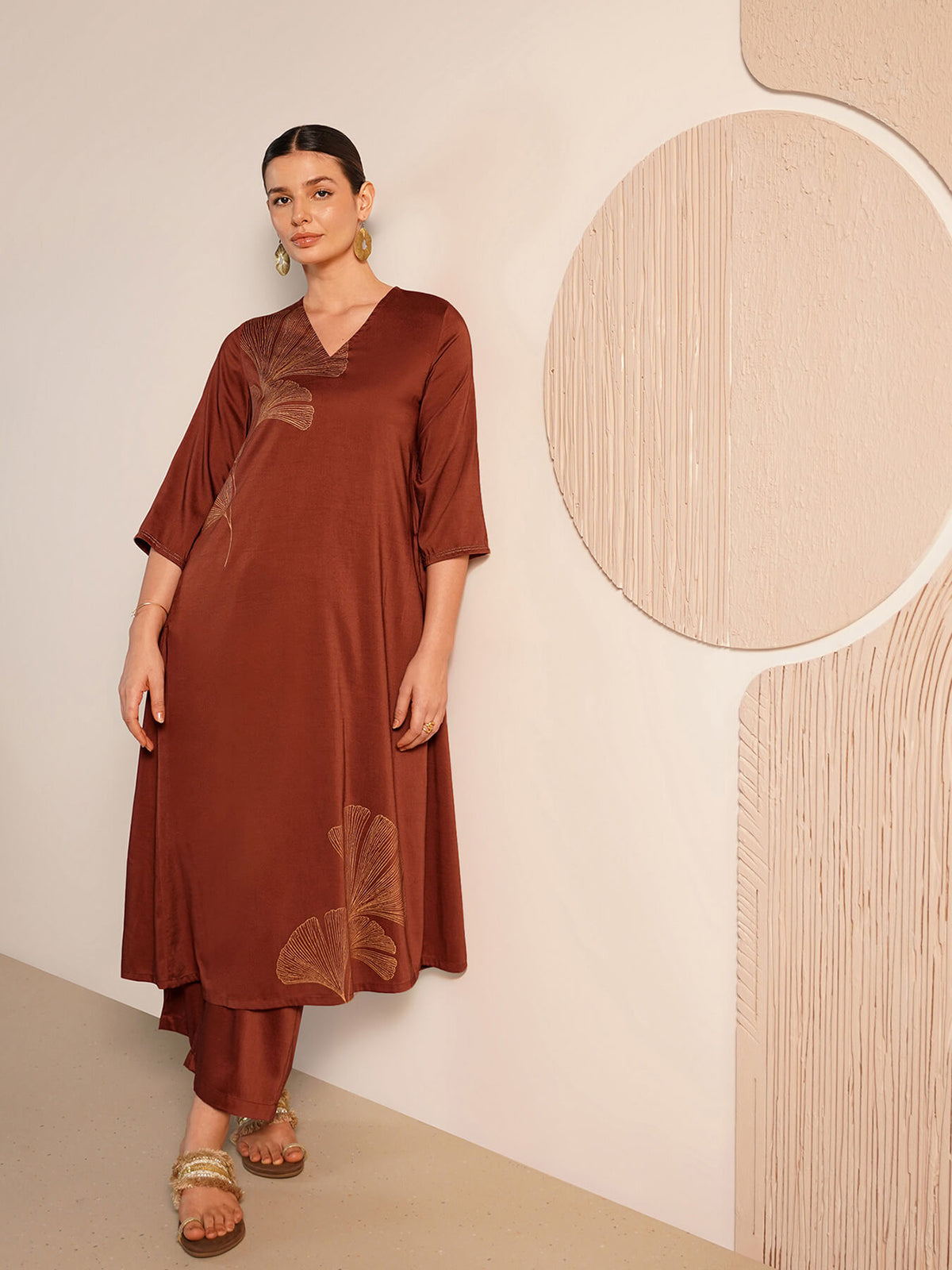 Viscose Silk Floral V-Neck Kurta Set - Rust