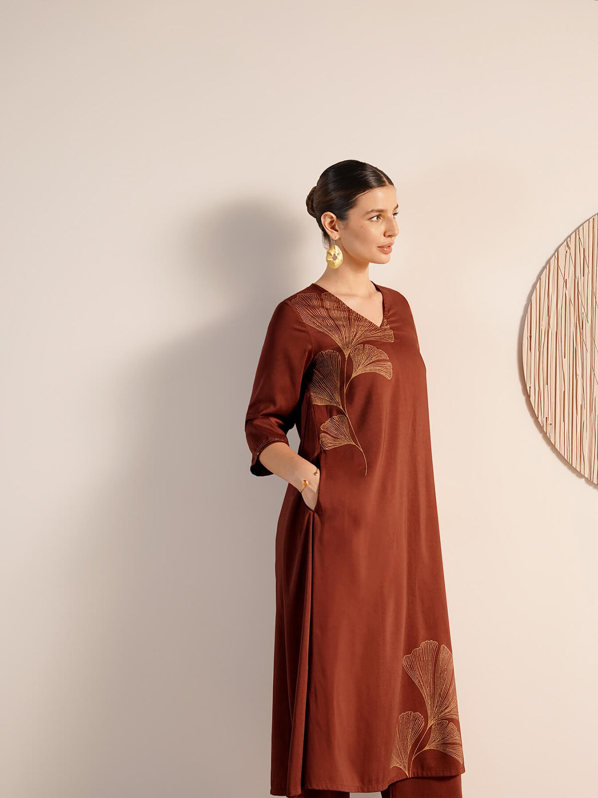Viscose Silk Floral V-Neck Kurta Set - Rust