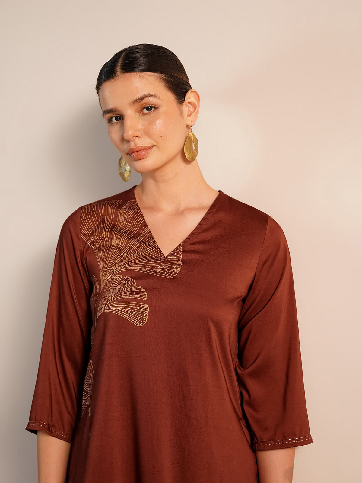 Viscose Silk Floral V-Neck Kurta Set - Rust