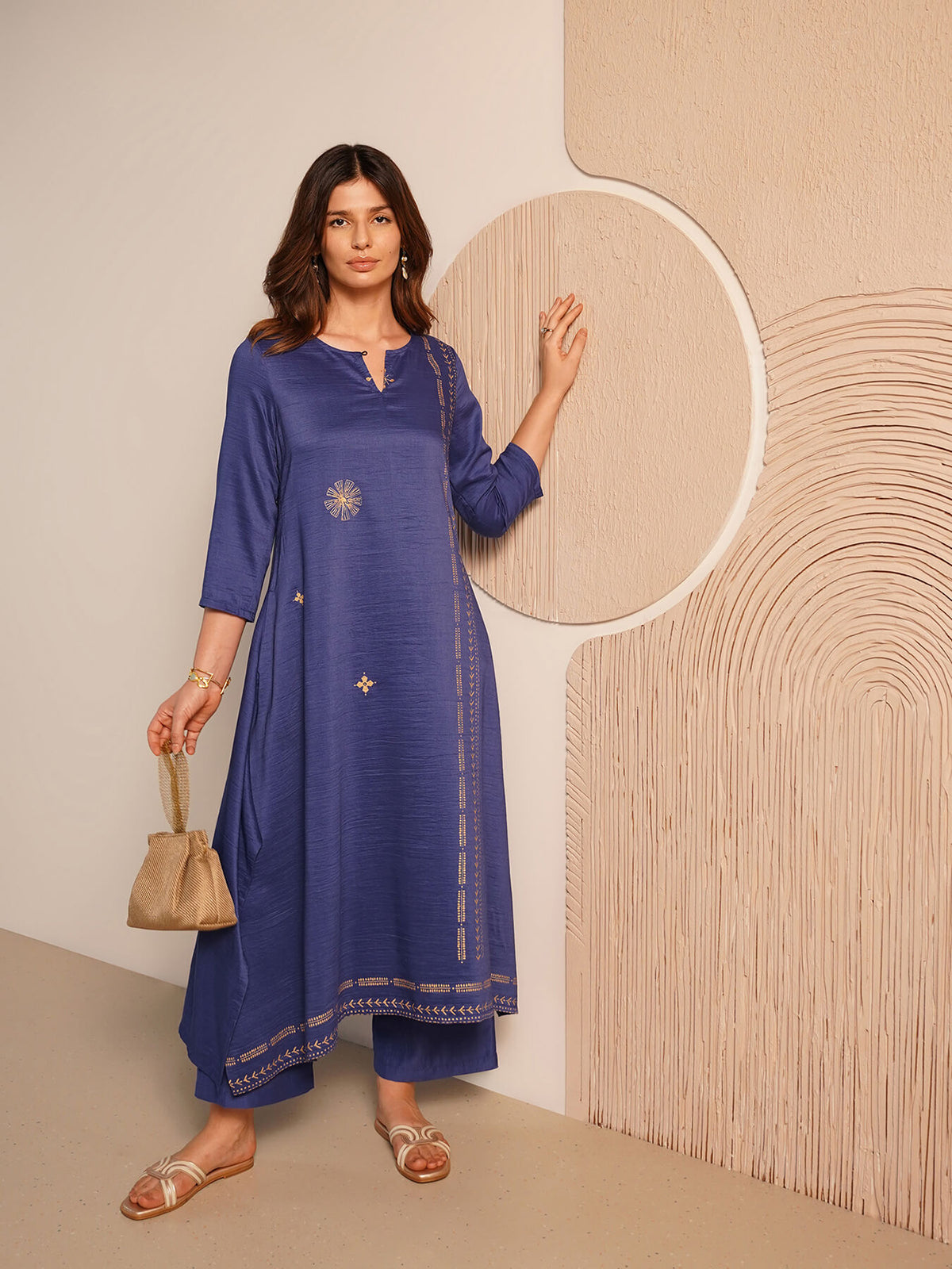 Viscose Silk Geometric Print Kurta Set - Blue