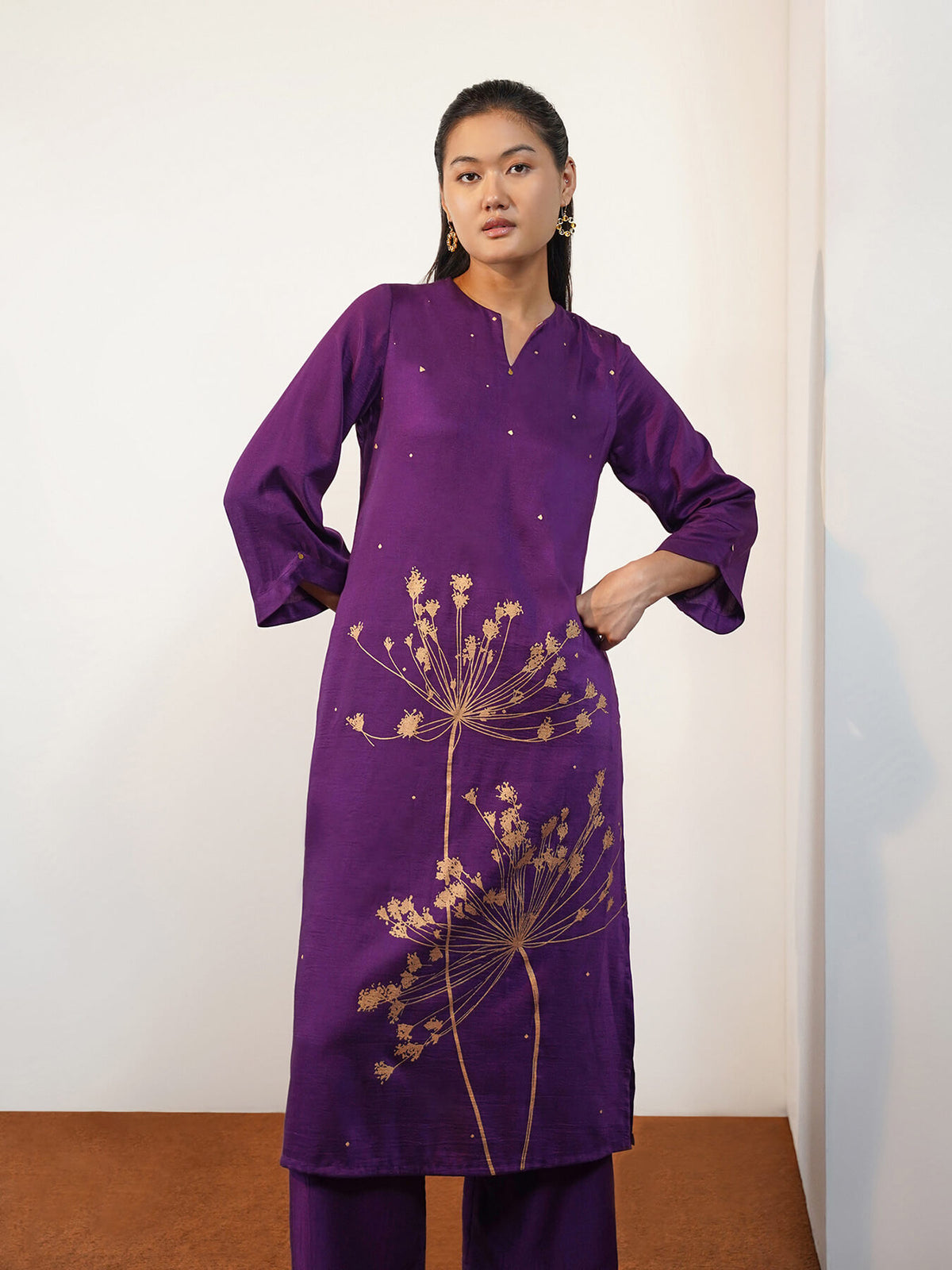 Viscose Silk Floral Placement Print Kurta Set - Purple