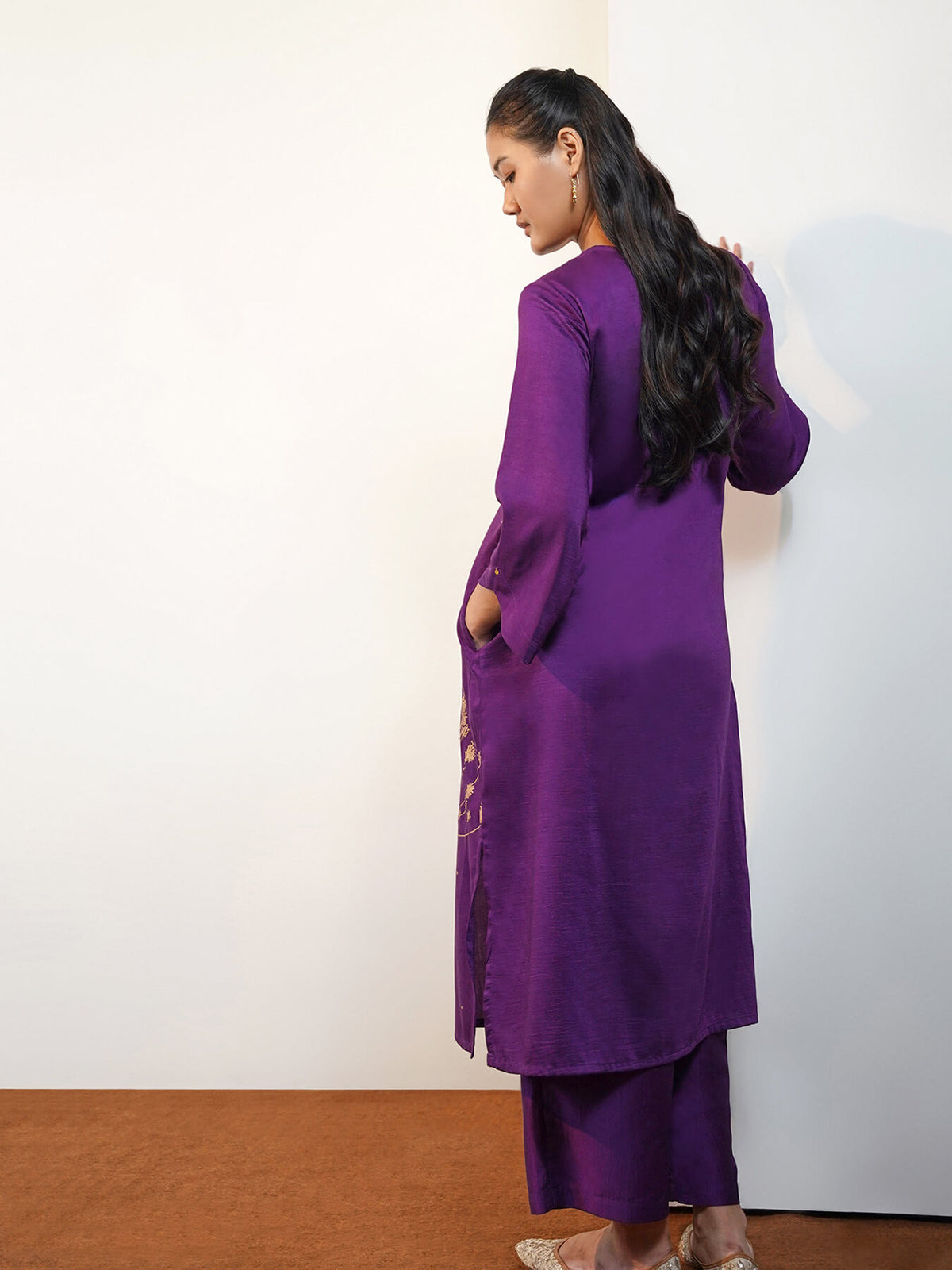 Viscose Silk Floral Placement Print Kurta Set - Purple