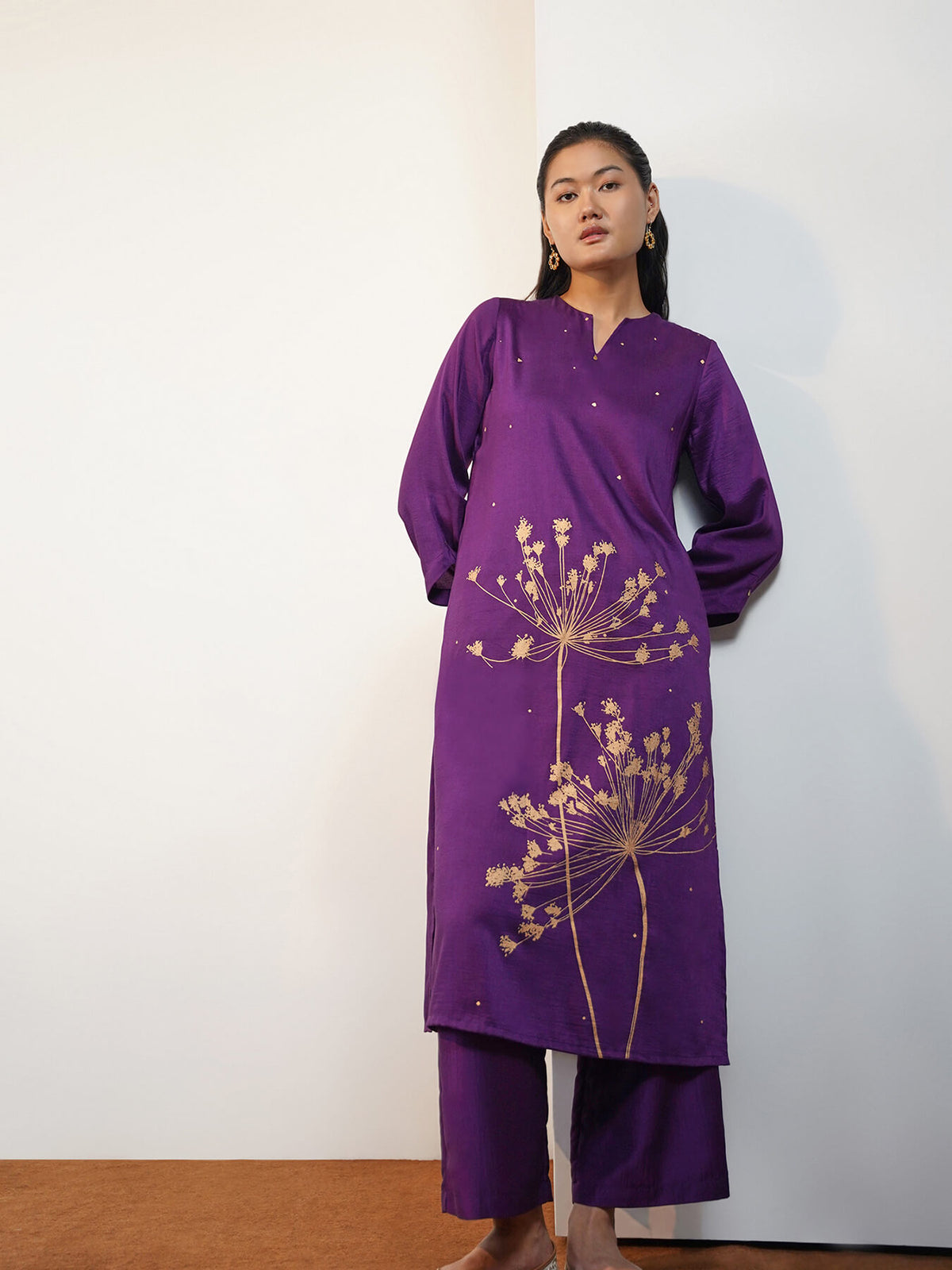 Viscose Silk Floral Placement Print Kurta Set - Purple