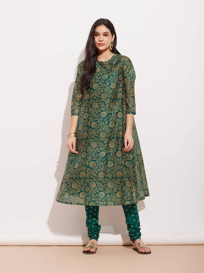 Chanderi Ethnic Motif Kurta Set - Green