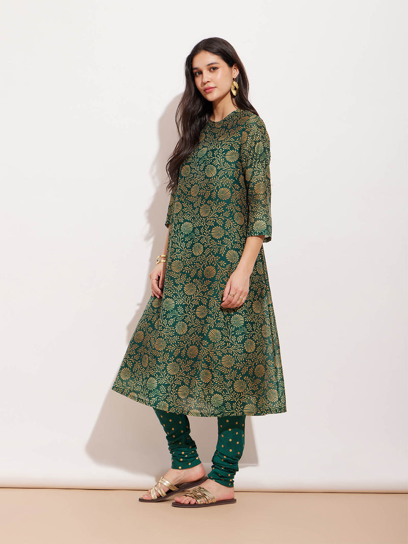 Chanderi Ethnic Motif Kurta Set - Green