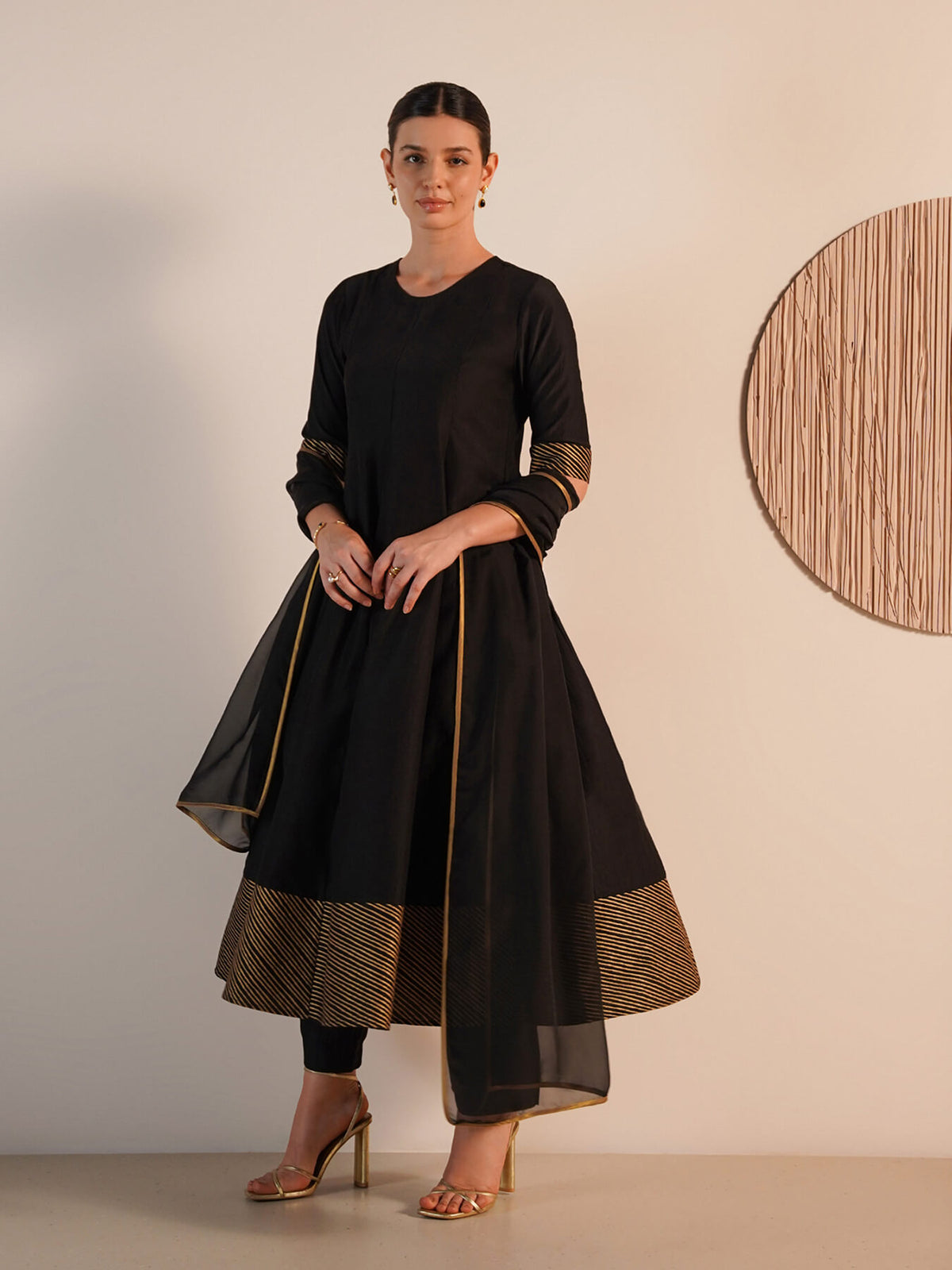 Viscose Silk Striped Anarkali Kurta Set with Dupatta - Black