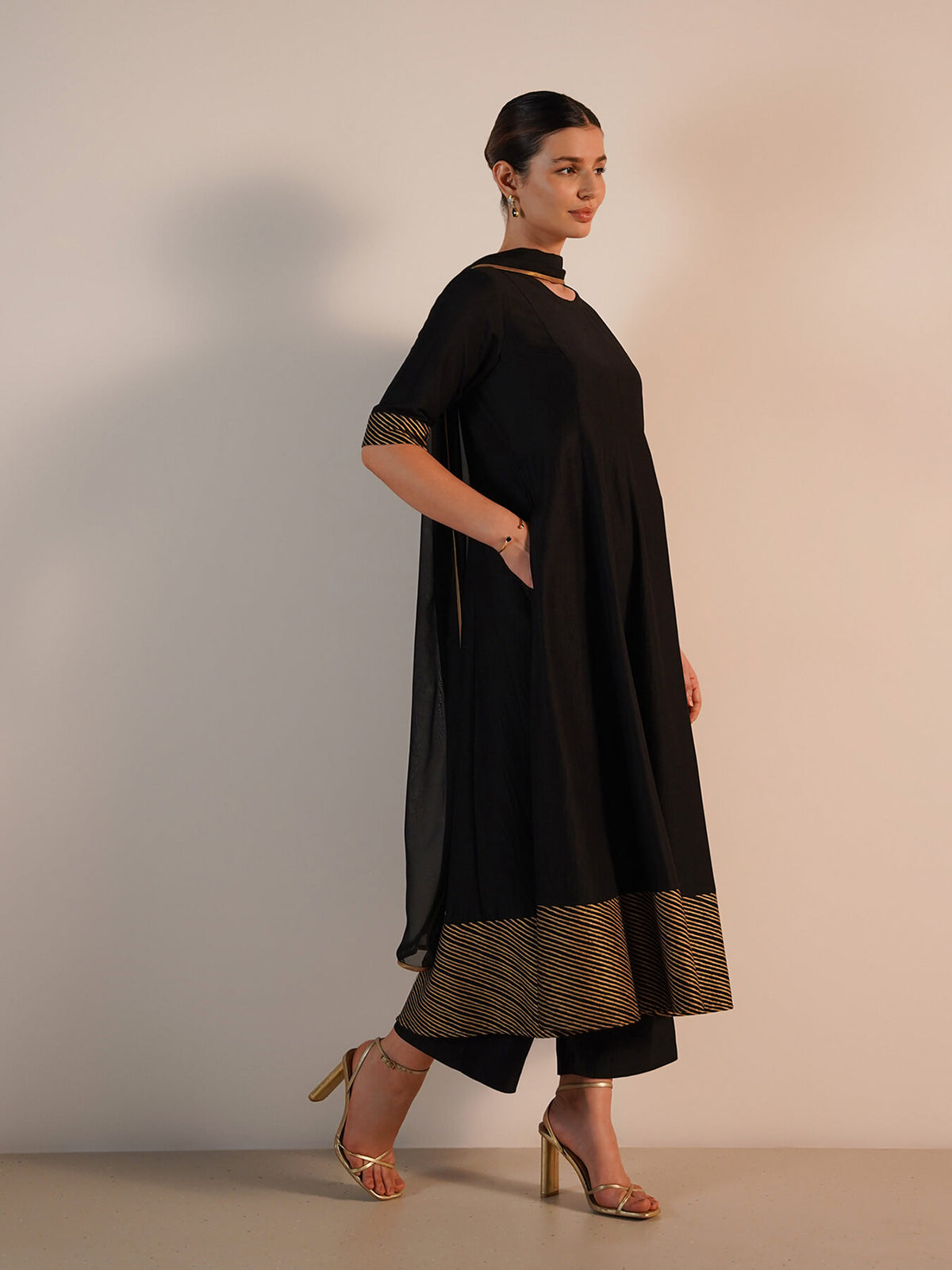 Viscose Silk Striped Anarkali Kurta Set with Dupatta - Black