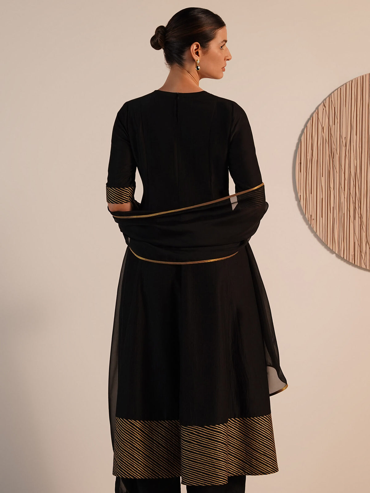 Viscose Silk Striped Anarkali Kurta Set with Dupatta - Black