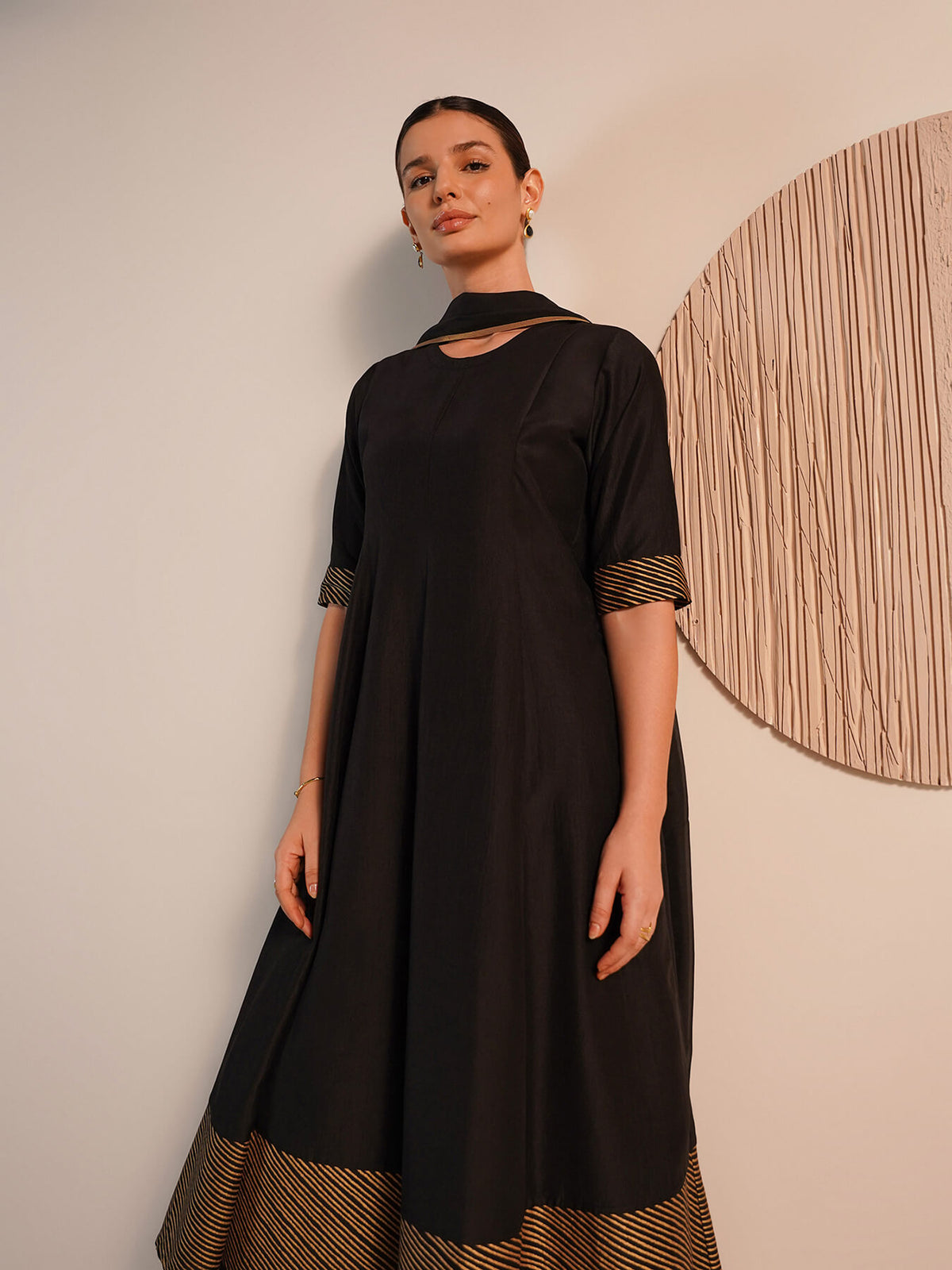 Viscose Silk Striped Anarkali Kurta Set with Dupatta - Black