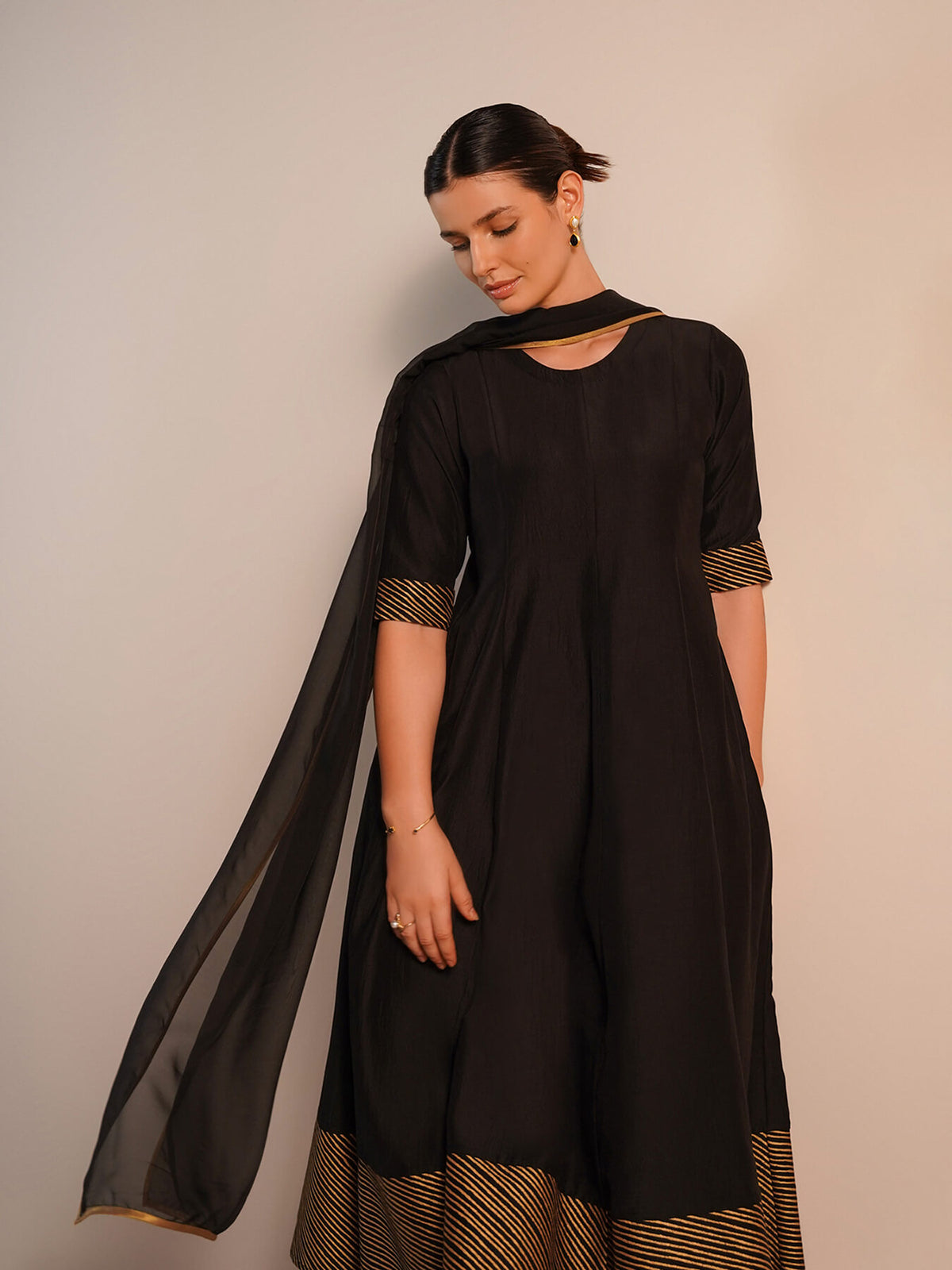 Viscose Silk Striped Anarkali Kurta Set with Dupatta - Black