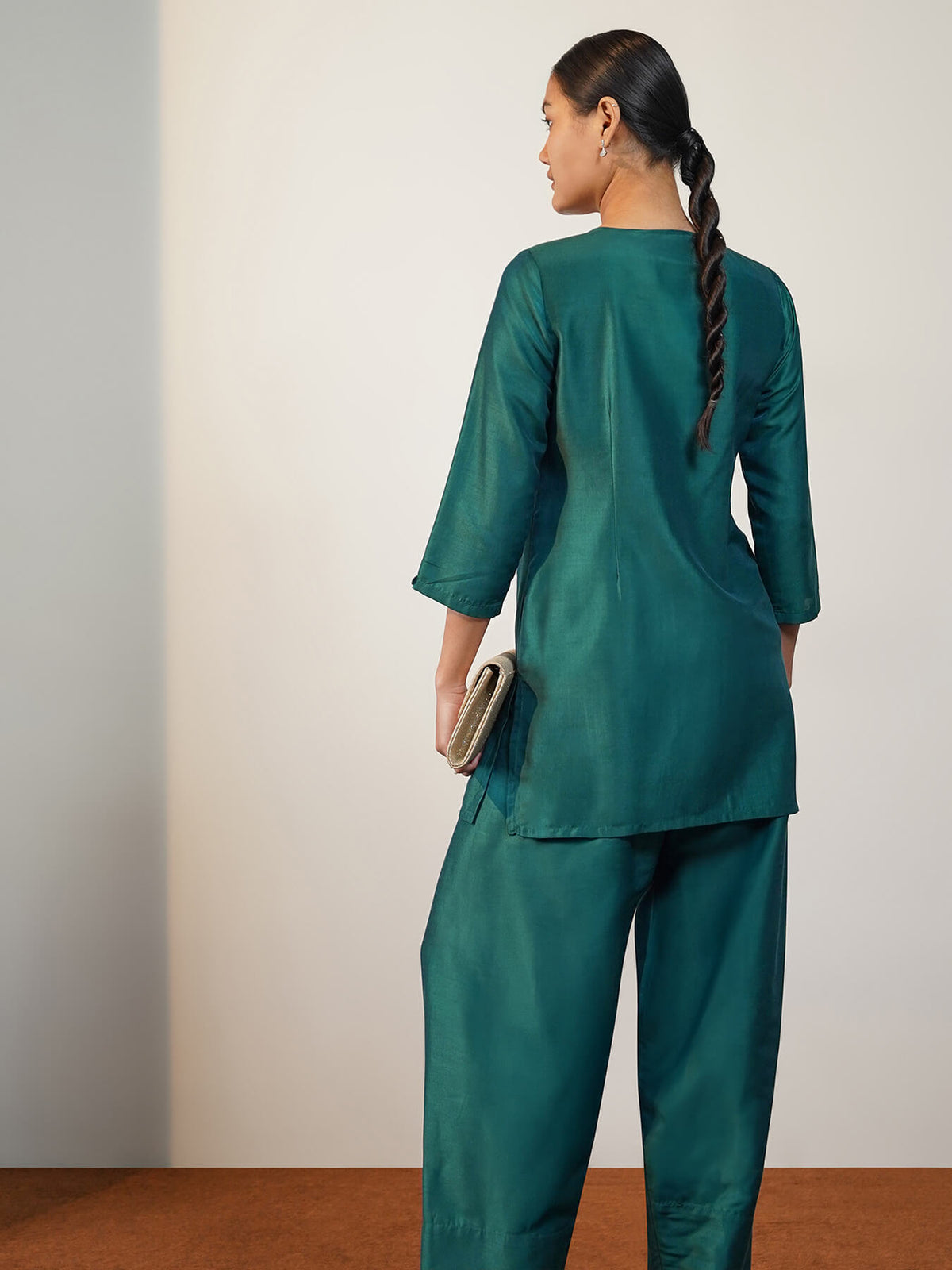 Viscose Silk Embroidered Kurta Set with Frashi Salwar - Teal