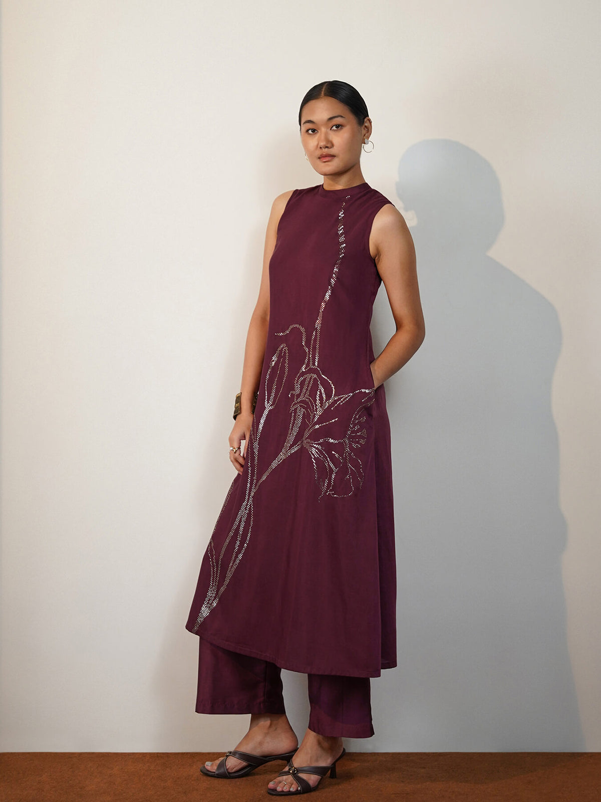Silk Blend Placement Floral Print Kurta Set - Burgundy