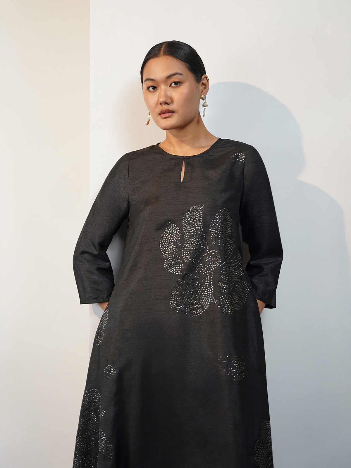 Silk Blend Placement Embroidered Floral Kurta Set - Black